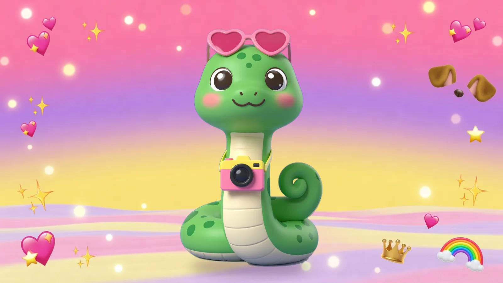 Noodle the snake with a camera, surrounded by fun filters